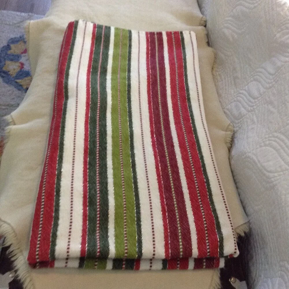 VTG Christmas Tablecloth; 100% Cotton, Striped, White Pines, 54x94